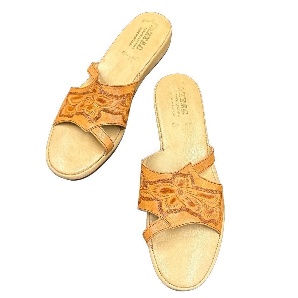 AZTEC Hand Tooled Leather Slide Sandals Size 8